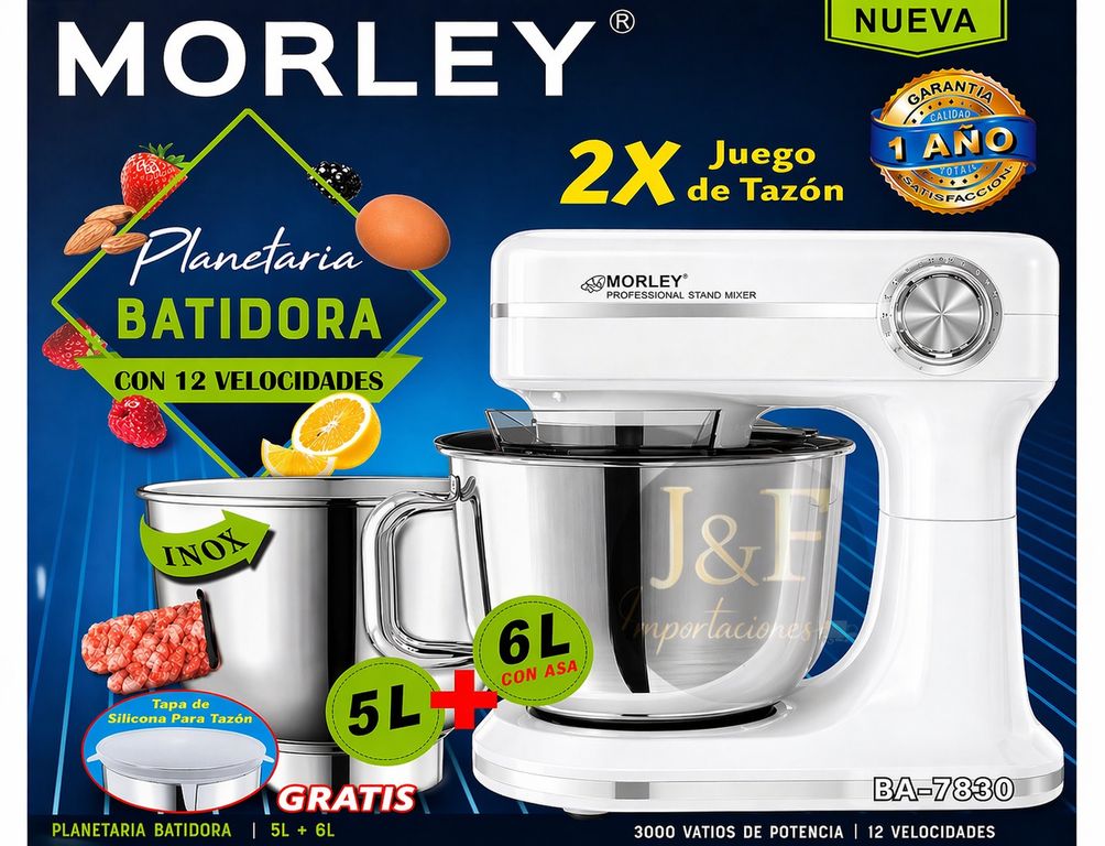BATIDORA PROFESIONAL PLANETARIA CON DOS TAZONES DE 5 Y 6 LITROS DE 3000 WATTS COLOR BLANCO
