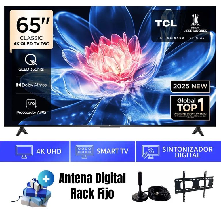 Televisor Smart TV 65'' UHD 4K QLED GoogleTV 65T6C 2025 + Ant + Rack Fijo