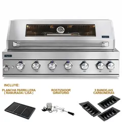 HIGRILL - Parrilla A Gas Y Carbón Empotrable 7 Quemadores Acero Inoxidable con Rostizador y Plancha