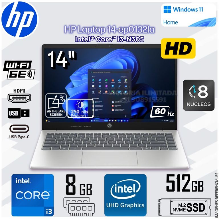 Laptop Notebook 14-EP0132LA 14 HD Intel® Core™ i3-N305 Intel® UHD Graphics 8GB DDR4 512GB SSD C92PTLA