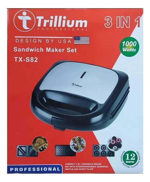 Sandwichera 3 en 1 Trillium 1000W Placas Intercambiables Waflera Donas Antiadherente Multifuncional