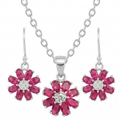 KARMY - Set Aretes Collar Flor Fucsia Regalo Novia Plata