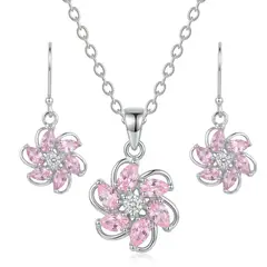 KARMY - Set Aretes Collar Flor Rosa Regalo Novia Plata