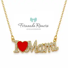 FERNANDA ROMERO JOYAS Y ACCESORIOS - HERMOSO COLLAR FELIZ DIA MAMÁ DE ACERO DORADO CON BRILLANTES Y CORAZÓN ROJO REGALO IDEAL