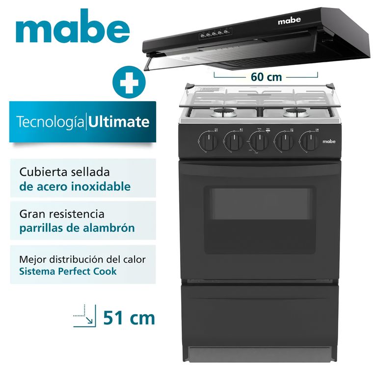 Cocina de Piso a Gas Negro EMP2000AN0 + Campana CMU6020PB0 60 CM