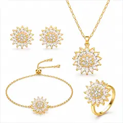GENERICO - Set Girasol Giratorio Mujer Collar Pulsera Aretes y Anillo Baño de Oro
