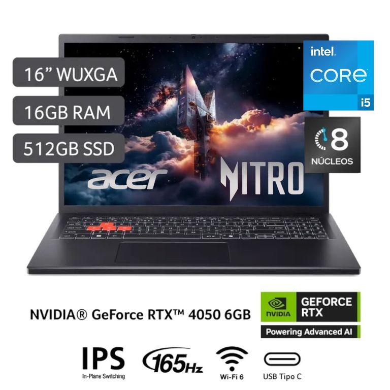Laptop Gamer Intel Core i5 13420H RTX 4050-6GB 16GB DDR5 512SSD 16WUXGA Win11 - Nitro Lite