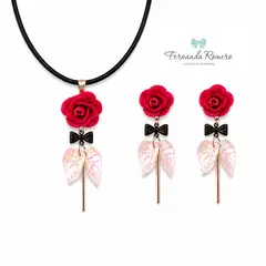 FERNANDA ROMERO JOYAS Y ACCESORIOS - JUEGO COLLAR + ARETES ROSITAS - CON HOJITAS Y LACITO MICHI NEGRO IDEAL REGALO