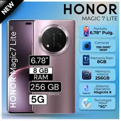 HONOR - Celular Magic 7 Lite 5G 8GB RAM 256GB 6.78" Pulg. MagicOS 8.0 - Morado Titanio