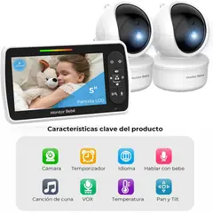 PUREPOWER - Monitor para Bebe 5 Pulgadas con 2 Camara, Visión Nocturna Infrarroja, Monitoreo de Temperatura