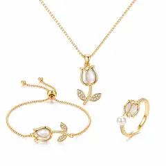 GENERICO - Set Tulipán Blanco Collar Pulsera Anillo Mujer Acero Inoxidable Dorado Regalo Elegante