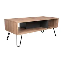 FMFURNITURE - Mesa De Centro 4 Patas Metalicas Café Claro y Plomo 40x101.1x45 cm