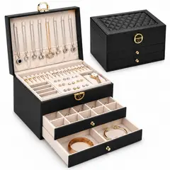MINARI - Joyero Cofre Organizador de Joyas Reloj Anillos Aretes Collares Negro J500
