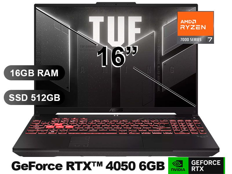 Laptop TUF GAMING A16 FA607NUG-RL216 R7-7445HS, 16GB RAM, 512GB SSD, RTX4050-6GB, SIN WINDOWS, 16