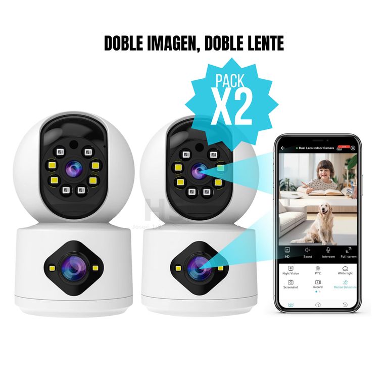 Pack 2 Cámaras De Seguridad WiFi Doble Lente 360° Con Visión Nocturna Monitoreo Remoto Hogar Oficina