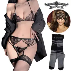 GENERICO - Lencería Sexy De Encaje Seductora 6 Piezas Con Medias y Antifaz