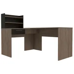 FMFURNITURE - Escritorio En L 1 Cajon Y Estantes Fm-002C Café Claro Y Negro