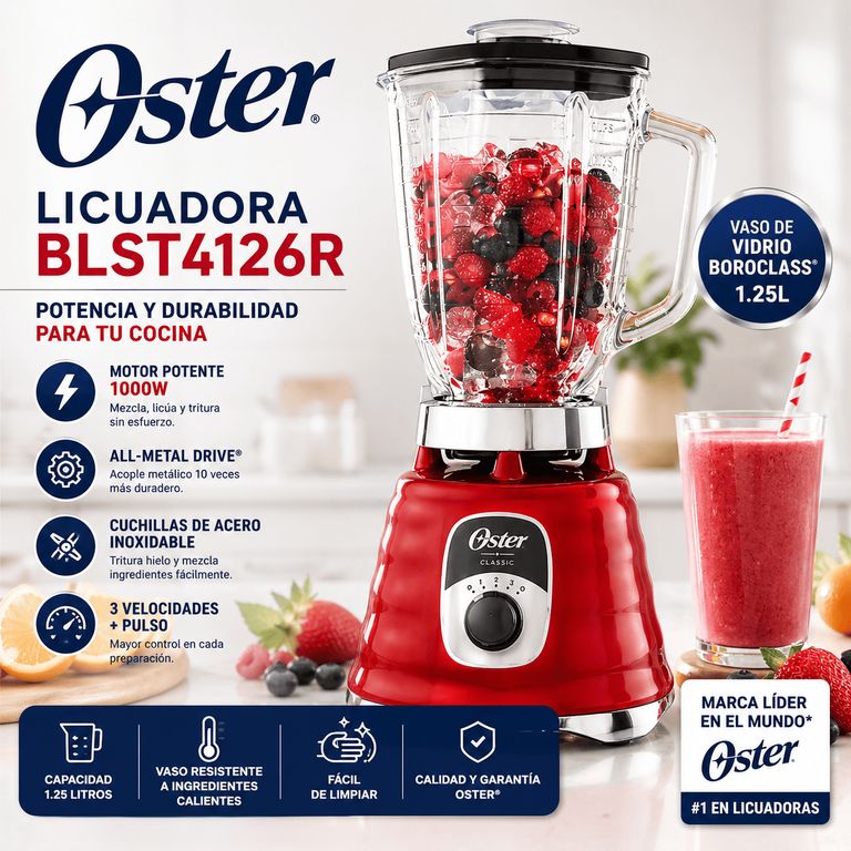 Licuadora BLST4126R 1.25L 3 Velocidades Vaso de Vidrio Boroclass 1000W Roja
