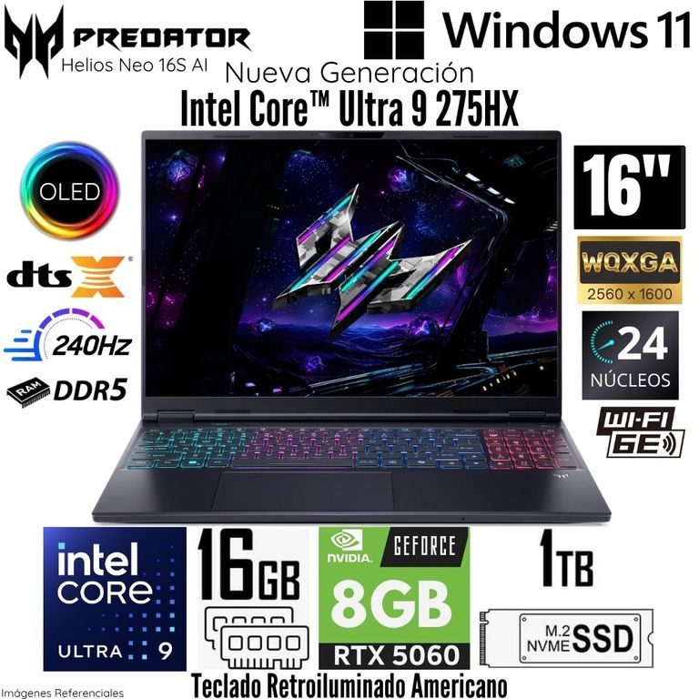 Laptop Predator Helios NEO 16 AI Intel Core Ultra 9 275HX 16GB RAM 1TB SSD RTX5060-8GB 16" OLED