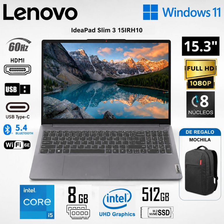 Laptop IdeaPad Slim 3 15IRH10 Intel Core i5-13420H 8GB RAM 512GB SSD 15.3" 83k100wjlm + mochila