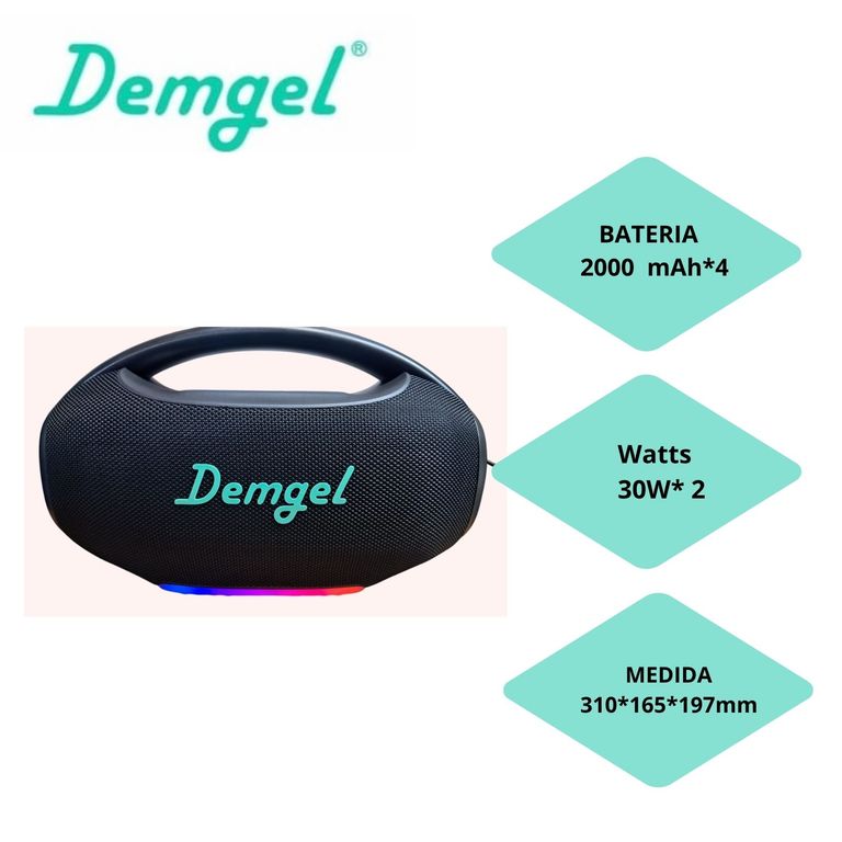 Parlante Demgel Portatil Inalambrico 60 Watts RMS 4 Horas Negro BT/USB/RGB/TWS 2000mAh D-P8009 2026