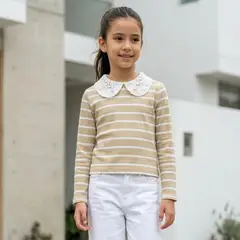 GENERICO - Polo Niña Cuello Broderie Beige Manga Larga - Angela Kids