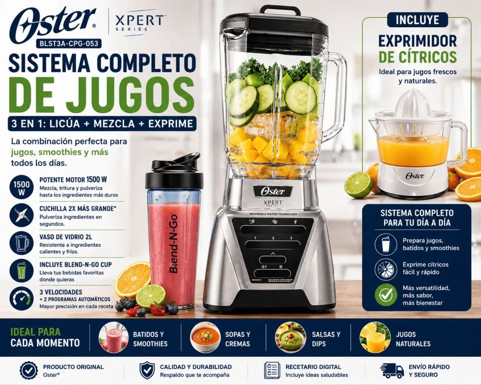 Licuadora 1500W Vaso Vidrio 2L + Exprimidor + Blend N Go Sistema Completo de Jugos 3 en 1
