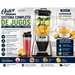 OSTER - Licuadora 1500W Vaso Vidrio 2L + Exprimidor + Blend N Go Sistema Completo de Jugos 3 en 1