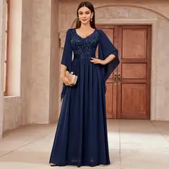 GENERICO - Vestido de Gala Cecilia Elegancia en Azul Marino con Encaje y Lentejuelas