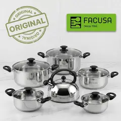 FACUSA - Set de ollas 12 Pzas Acero Inoxidable Clasica Tapa de Vidrio