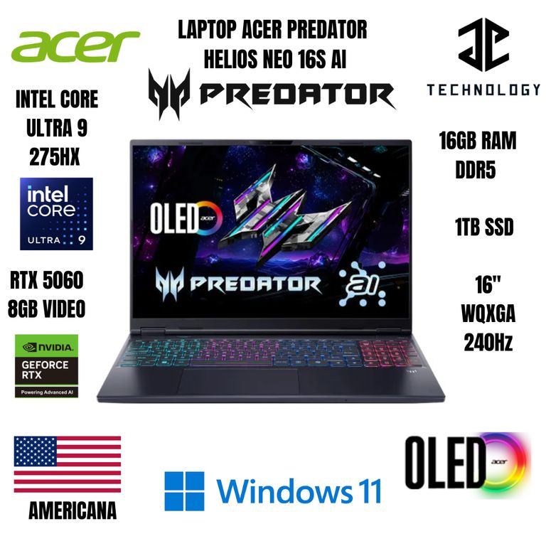 LAPTOP PREDATOR NEO 16S AI ULTRA 9 275HX / 16GB RAM DDR5 / 1TB SSD / RTX 5060 8GB VIDEO