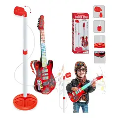 OEM - Set Guitarra para Niños con Micrófono y Pedestal Ajustable con Luces