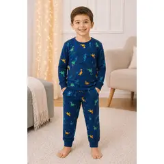 GENERICO - Conjunto de Pijama de Dormir para Niños de Dinosaurios - Manga Larga de Algodon Unisex Azul