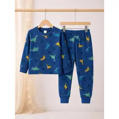 GENERICO - Pijama de Algodon para Niño de Dinosaurios Manga Larga Conjunto Completo Infantil Azul