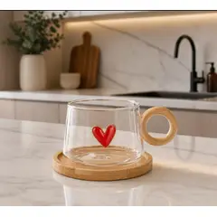 GENERICO - Taza de Vidrio Borosilicato con Asa y Base de Bambú 300ml