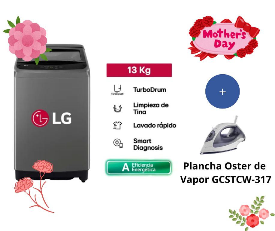 Lavadora WT13BVTB Turbodrum Carga Superior 13kg Negro Claro + Plancha Oster de Vapor GCSTCW-317