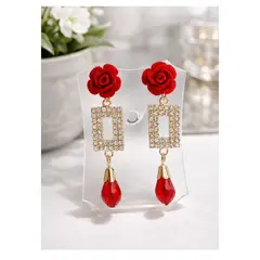 FERNANDA ROMERO JOYAS Y ACCESORIOS - Lindos Aretes Largos con Rosas Rojas Dorados y Piedritas - Tendencia