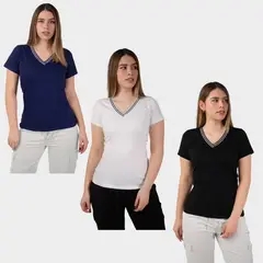 PAPIROS DENIM - Pack 3 Polos Mujer Cuello V Algodón 24/1 Básicos – Negro Blanco Acero