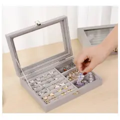 OEM - Joyero Terciopelo Organizador de Anillos y Aretes Gris Plomo