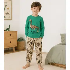 GENERICO - Pijama de Algodon para Niño de Brontosaurio Dinosaurio - Conjunto Completo Infantil de Manga Larga
