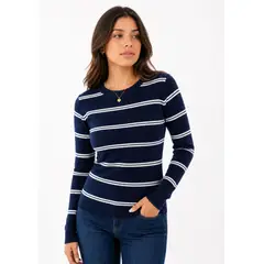 ENKI - Sweater Mujer Azul Marino con Líneas Blancas Tejido Suave Cómodo Fit Casual