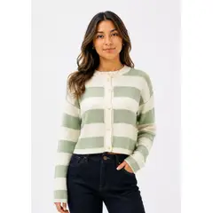 ENKI - Cardigan mujer verde agua con líneas blancas Marina Stripe tejido suave