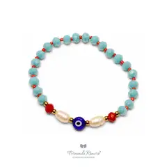 FERNANDA ROMERO JOYAS Y ACCESORIOS - Pulsera Ojo Turco Turquesa con Perlas Amuleto Protector