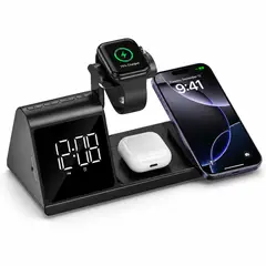 HAVIT - Cargador Inalámbrico 3 en 1 W3042 15W con Reloj LED Estación de Carga iPhone Apple Watch