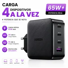 UGREEN - Cargador 65W GaN 4 Puertos USB-C Carga Rápida para Laptop Celular MacBook iPhone