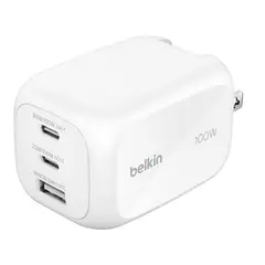 BELKIN - CARGADOR GaN 100 WATTS DE PARED COLOR BLANCO CON 3 SALIDAS