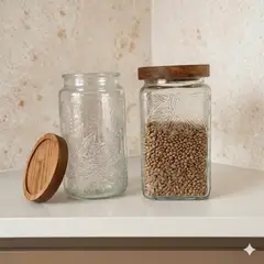 GENERICO - 2 frascos o recipientes de vidrio borosilicato con tapa bambú 1000 ml