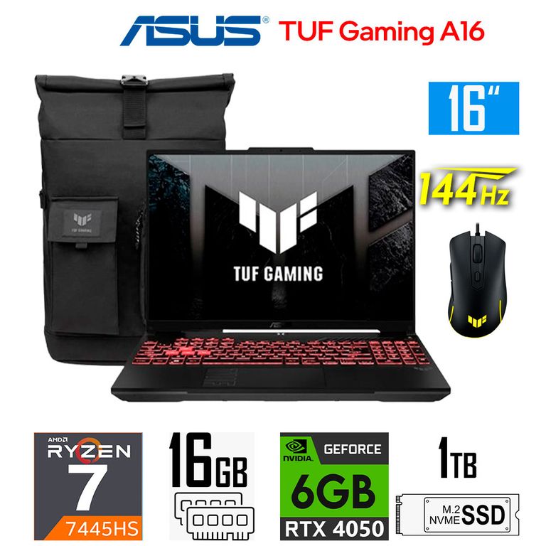 Laptop TUF Gaming A16 FA607 Ryzen 7-7445HS Nvidia 6gb RTX4050 16gb Ram 1tb ssd 16 Wuxga 144Hz