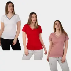 PAPIROS DENIM - Pack 3 Polos Mujer Cuello V Algodón 24/1 Básicos – Rojo Palo Rosa Blanco