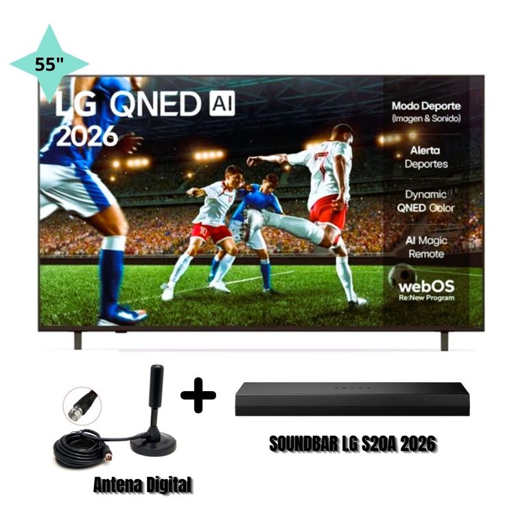 TV 55 Pulgadas QNED ThinQ AI UHD 4K WebOs + Soundbar S20A+ Antena Digital ( combo 2026)